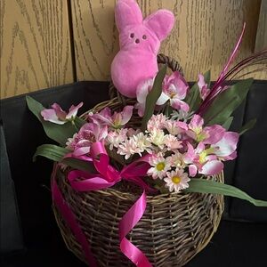 Charming Pink Plush Bunny in Wicker Basket with Flowers